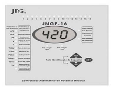 6.1.3 Tempo de acionamento dos capacitores Selecione o LED PF (Seleção de atraso do tempo de descarga) Ajuste o tempo. 6.1.7 Relação do transformador de corrente Selecione o LED THDI (Variação CT) Efetuar o ajuste.