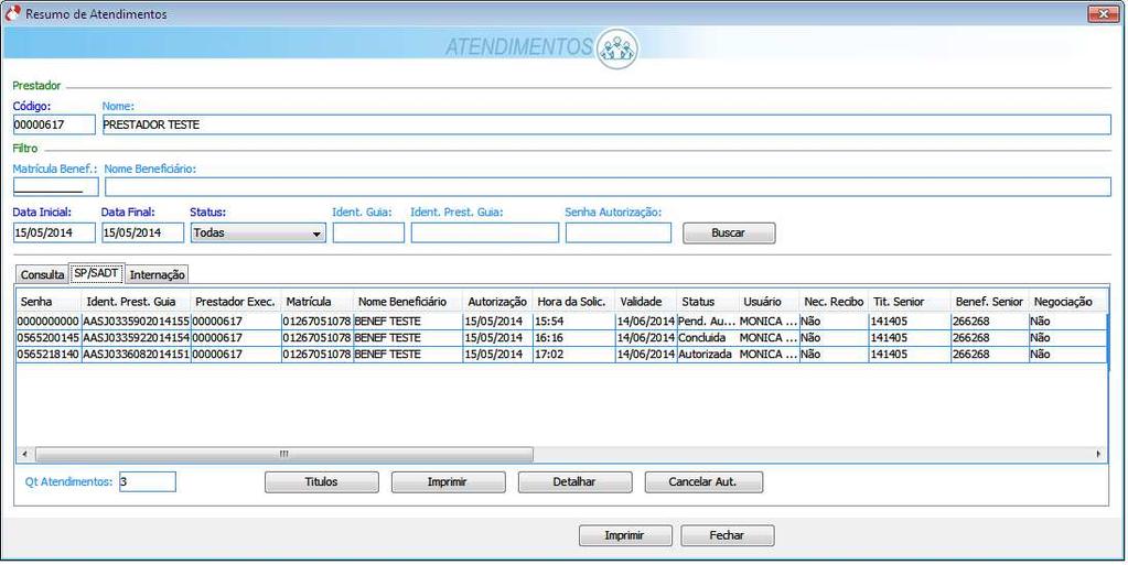 A interface Resumo de Atendimento permite a visualização das guias de consulta, SP/SADT e Solicitação de Autorização de Internação lançadas para o prestador.