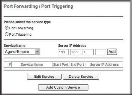 Passo 5.1-Caso 2. NETGEAR 614SS 1. Clique em [Port Forwarding / Port Triggering] no menu do lado esquerdo. 2. Selecionar <Port Forwarding>. 3. Defina o reencaminhamento de porta para <HTTP Port>.