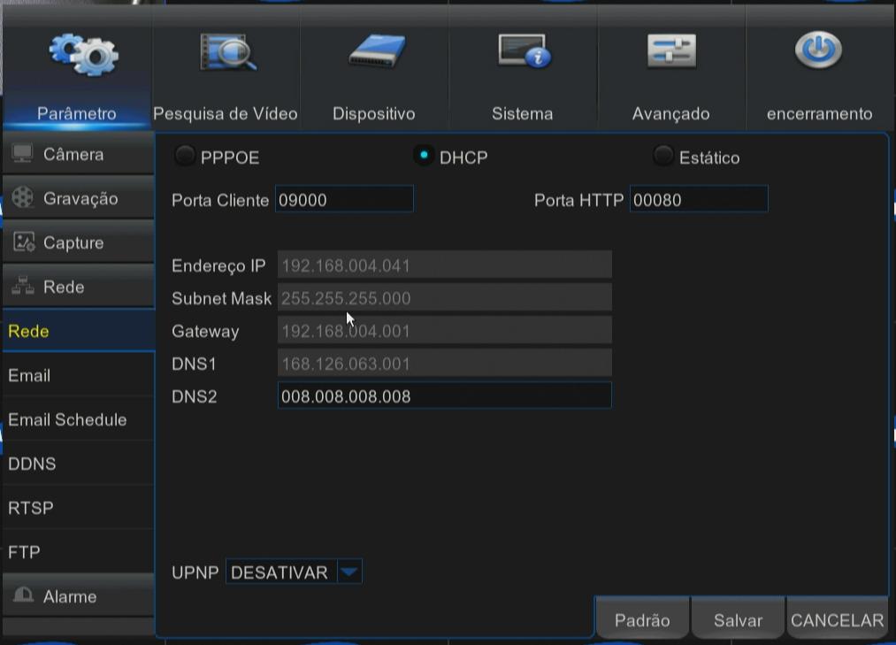 exe)], e depois verifique a ligação novamente.) Passo 3. Ligue o DVR ao router Passo 3.1 Configure as definições de router no DVR 1. Selecione [Main Menu ; Parameter]. 2. Selecione janela de <Rede>.