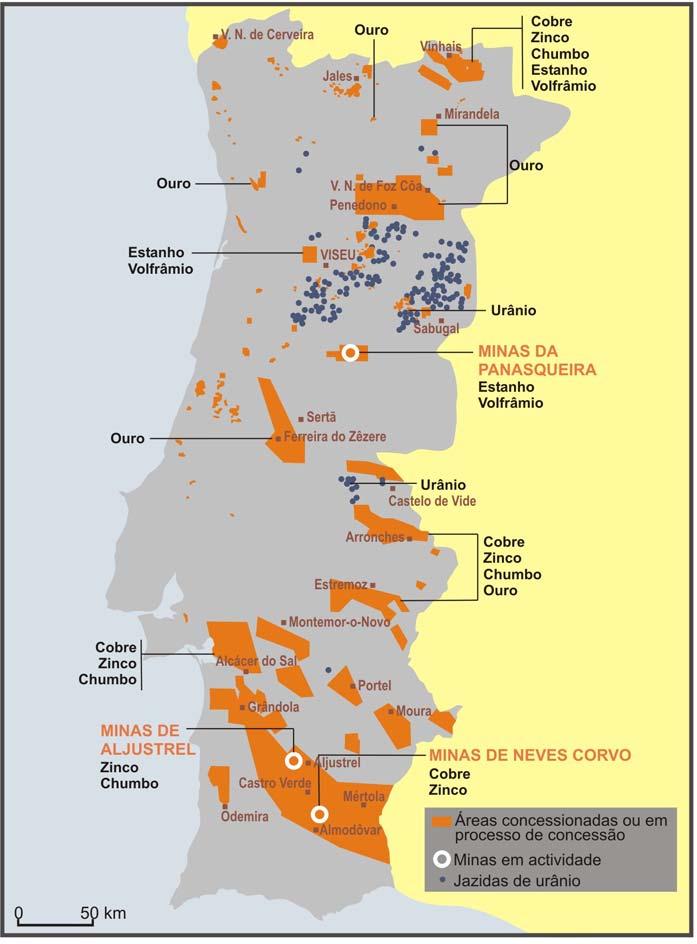 II O mapa da figura 2 mostra a localização das principais minas e jazidas minerais, em Portugal Continental. Fonte: Jornal Expresso. «O regresso às minas». (16/02/08).