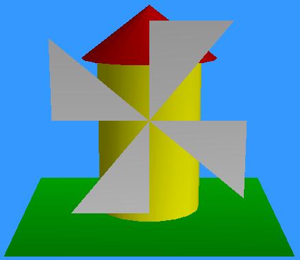 Moinho 3 moinho() glpushmatrix(); cilindro(); cone(); glpopmatrix(); glpushmatrix(); glcolor3f(1.,1.,1.); gltranslatef(0., -1.2, 2); glnormal3f(0., 0., -1.); glbegin(gl_triangles); glvertex3f( 0., 0., 0.); glvertex3f( -1.