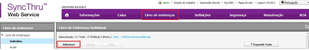 Na opção Avançadas: Predefinição [From] Address: (Verificar com o cliente no Local) 5.2. Scanner para Pasta Ainda no web da multifuncional, clique na opção Livro de Endereços.