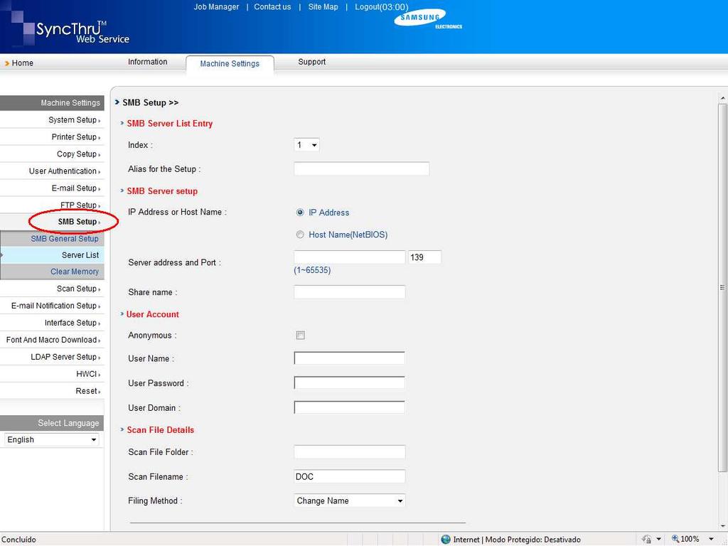 Clique agora na opção SMB Setup. Em seguida, clique em Server List e depois em Add. Configure neste passo, as pastas de Scanner que estavam configuradas no equipamento antigo.