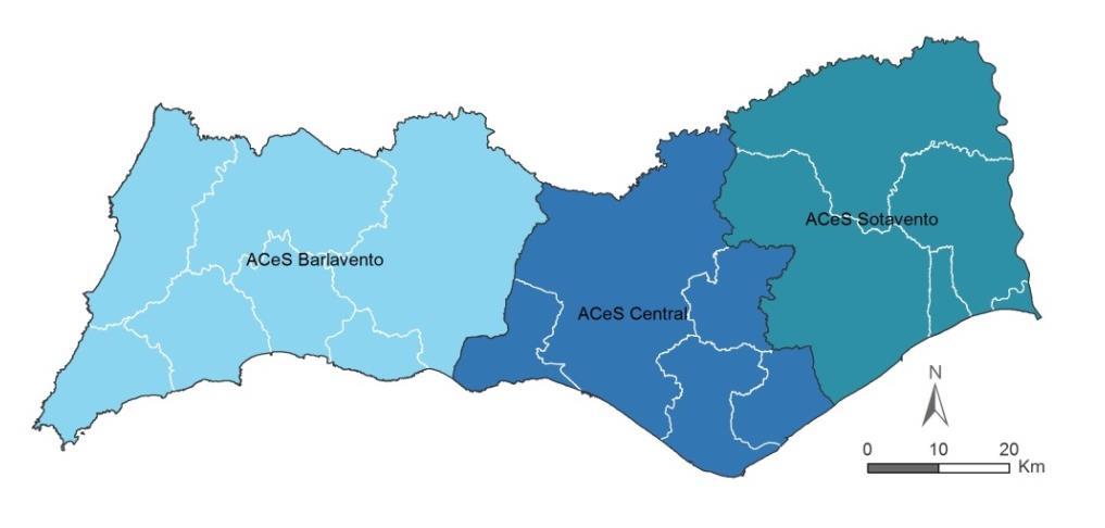 pt e-mail: dsp@arsalgarve.min-saude.pt Os limites dos ACeS foram obtidos por agregação dos limites administrativos oficiais dos concelhos que os compõem.
