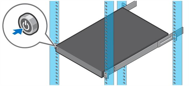 Ligar o sistema Figura 5. Ligar o sistema Pressione o botão liga/desliga. A luz de alimentação deve acender. Instalar o bezel opcional Figura 6. Instalar o bezel opcional Instale o bezel (opcional).