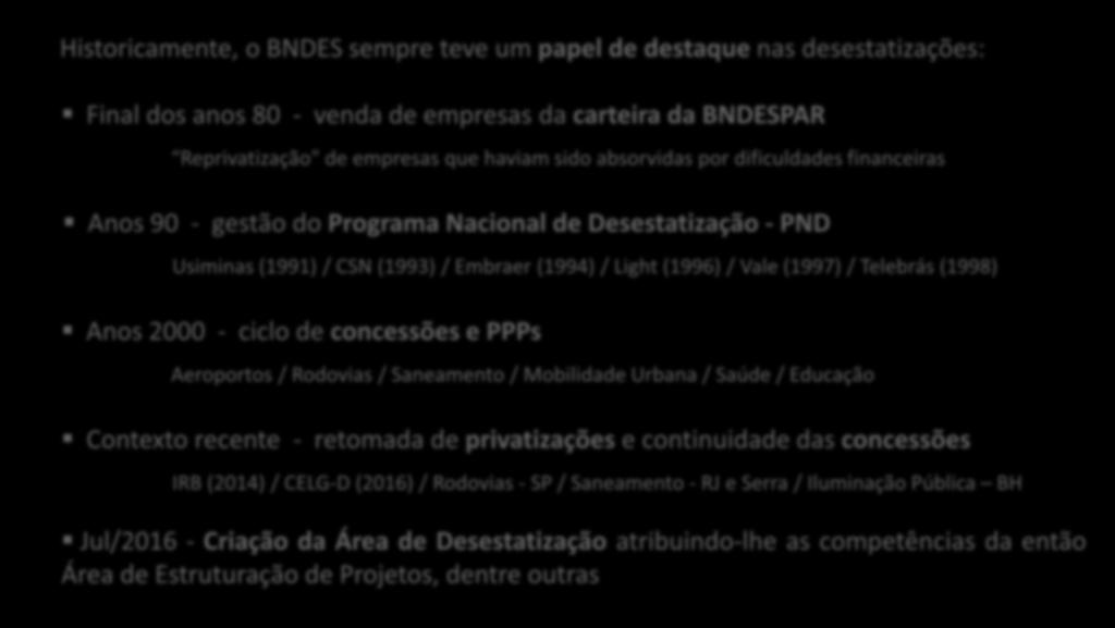 (1997) / Telebrás (1998) Anos 2000 - ciclo de concessões e PPPs Aeroportos / Rodovias / Saneamento / Mobilidade Urbana / Saúde / Educação Contexto recente - retomada de privatizações e continuidade