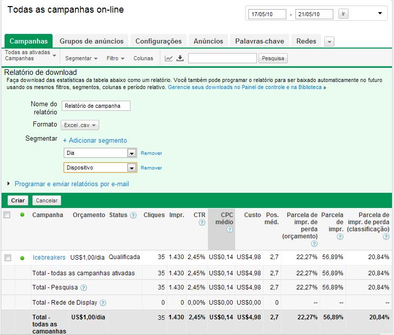 para a caixa de entrada do e mail. Para evitar esse problema, os e mails de relatório da guia "Campanhas" contêm um link para o relatório em vez de um anexo.