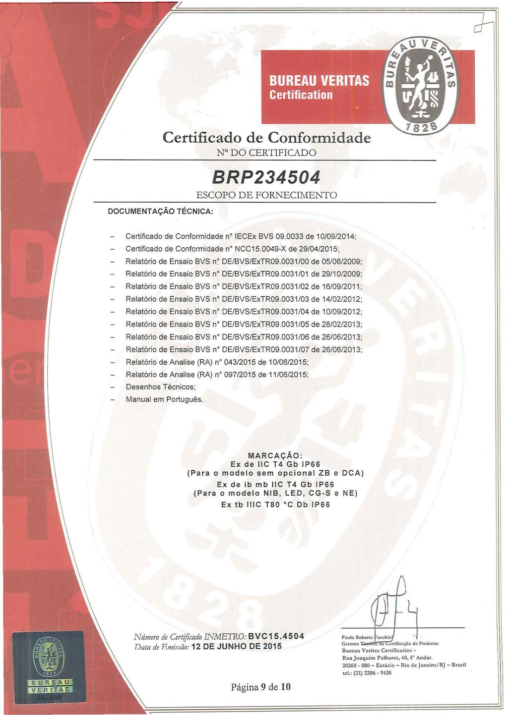 DOCUMENTAÇÃO TÉCNICA: Certificado de Conformidade Certificado de Conformidade n IECEx BVS 09.0033 de 10/09/2014; Certificado de Conformidade n NCC15.