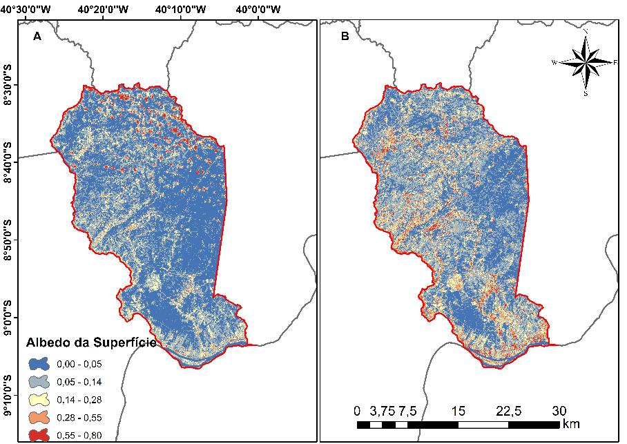 Figura 2. Variação espacial da Temperatura da superfície do solo, A (2014), B (2015).
