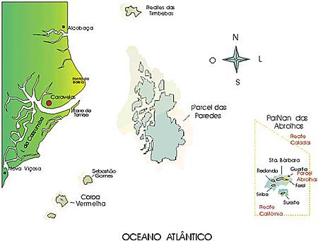 INFORMAÇÕES DE ABROLHOS Abrolhos está localizado no litoral sul da Bahia, a mais ou menos 80km da costa, lugar ideal para o mergulho, convívio com a natureza e a observação de uma paisagem marinha