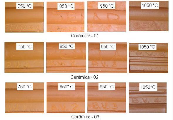 7 com possíveis diferenças de composições químicas, também foi influenciada pela temperatura de queima. Figura 3: Detalhes dos blocos das três cerâmicas nas diferentes temperaturas.