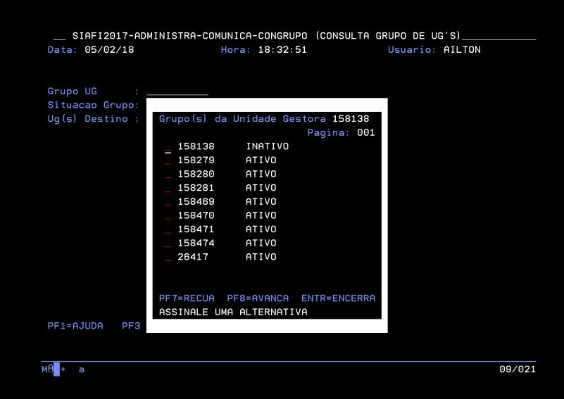 lacuna Grupo UG, podemos utilizar a tecla F1 que retornará os grupos cadastrados: Tela