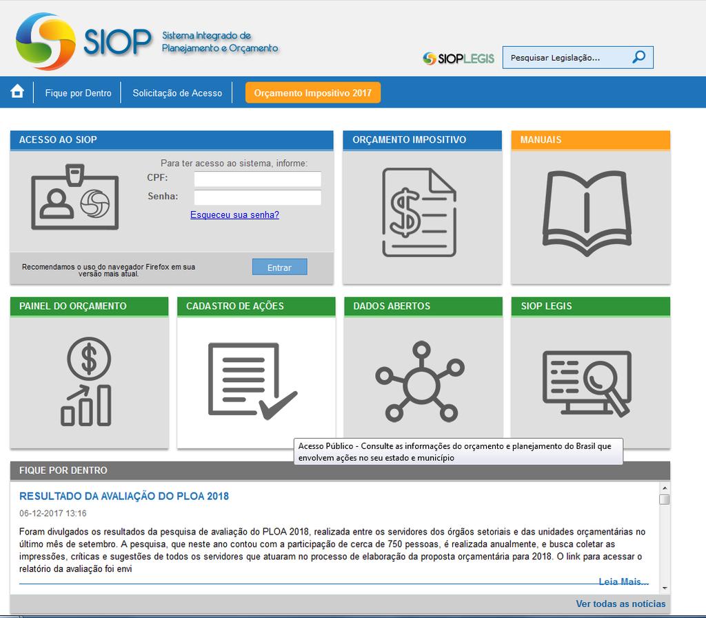 Orçamento Programa e Sistema de Planejamento e Orçamento Tela 3 - Acesso