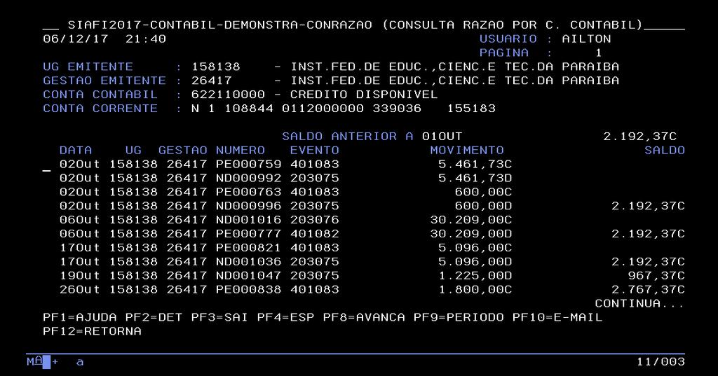 Lógica Contábil Relacionada Tela 227 - Consulta Crédito Disponível 2 - fonte: SIAFI Aqui poderemos verificar o saldo inicial do período, a movimentação e o saldo final, se quisermos rastrear a