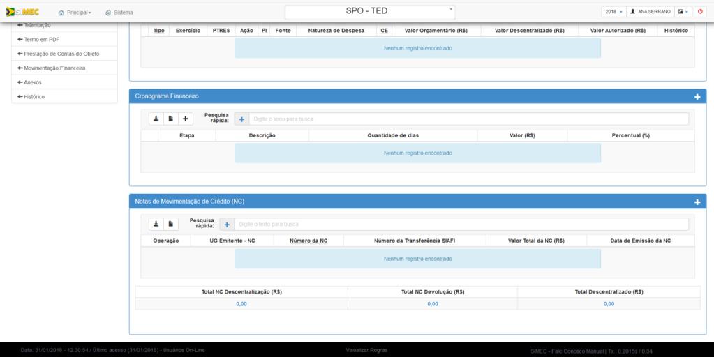 MPORC IFPB 2018 Termos de Execução Descentralizada Tela 253 - Preenchimento TEDs 12 - fonte: SIMEC Na caixa Novo item do cronograma (exemplificado em tela abaixo) deverão ser descritas,