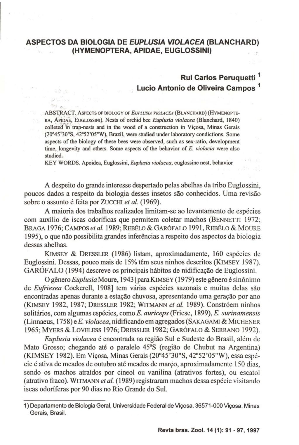 ASPECTOS DA BIOLOGIA DE EUPLUSIA VIOLACEA (BLANCHARD) (HYMENOPTERA, APIDAE, EUGLOSSINI) Rui Carlos Peruquetti 1 Lucia Antonio de Oliveira Campos 1 ABSTRACT.