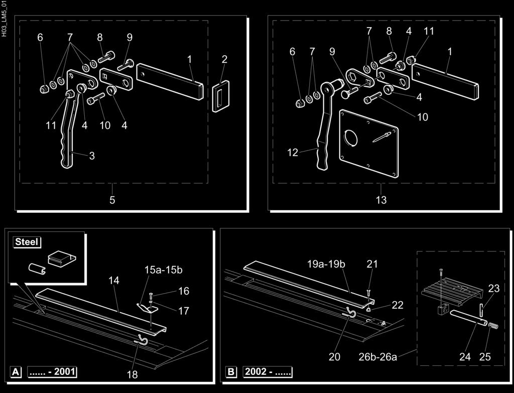 PLATAFORMA OPÇOES MECH. Plataforma opçoes MECH. LM7-A-12B 1 Ripa trinco M0751 2 Suspensão bloquio STEEL M0037 3 Pega trinco M0750 4 Anel intermedio bloquio M0750.1 5 Bloquio compl.