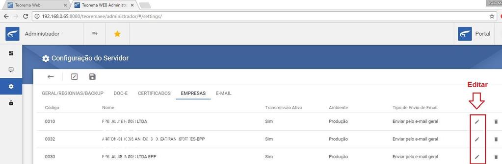 Figura 27 Aba Empresas - Lista de Empresas da Base de Dados.