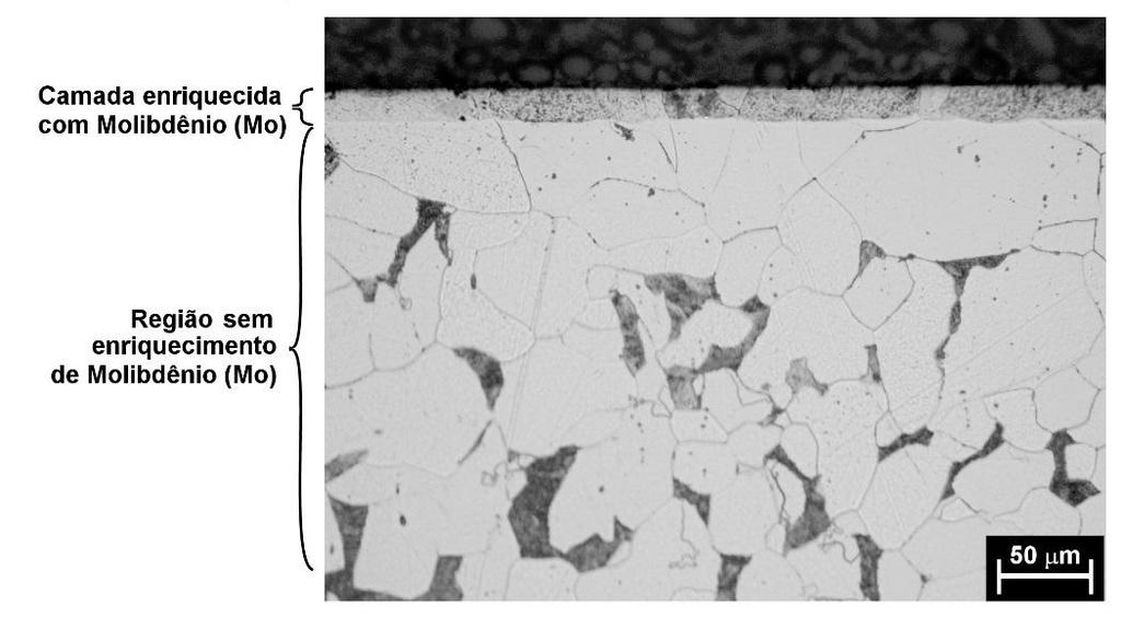 Resultados e discussão A Figura 3 mostra a micrografia de uma amostra ABNT1020 somente enriquecida com molibdênio para se ter uma ideia do efeito do carbono já presente no aço (aproximadamente