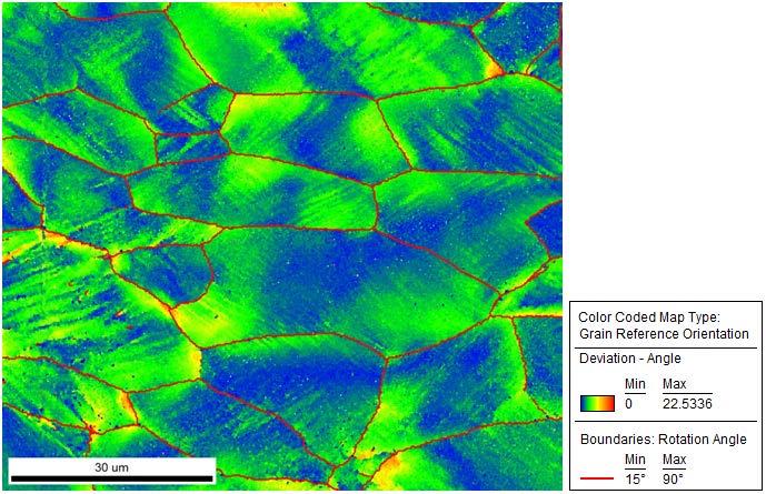 90 Figura 65: Micrografia indicando a variação dos ângulos de misorientação na microestrutura de uma amostra com 29% de deformação real.