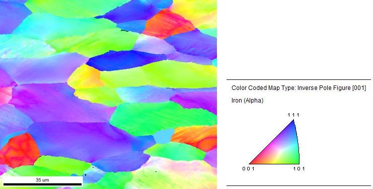 91 Figura 66: Mapa de orientações obtidas por EBSD em uma amostra com deformação 0,29 recozida a 500 C durante uma hora. 5.4.