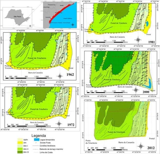 Figura 1 ALTERAÇÕES GEOMORFOLÓGICAS NO PONTAL DA TRINCHEIRA, Alterações na configuração do Pontal da Trincheira nos anos de 1962, 1972, 1981, 2000 e 2012. Elaboração: SOUZA. T. A. (2014).