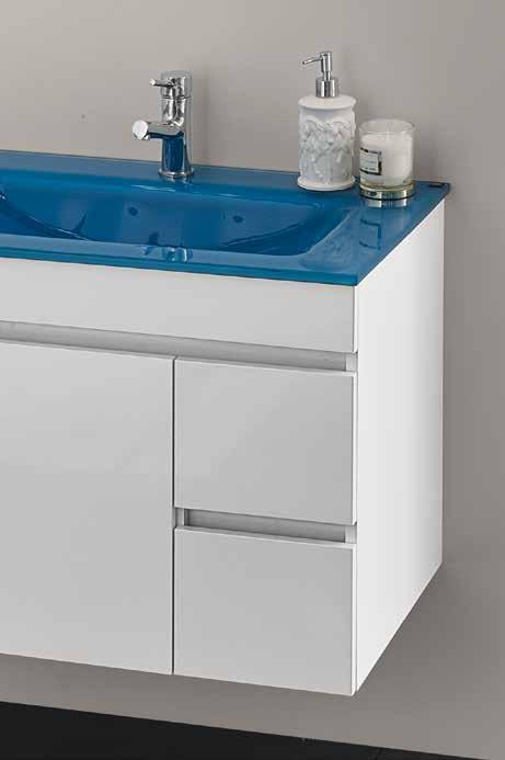 Cabinet Luena suspended 800x550x430mm; Two doors and ½ + drawer; Available in lacquered white or wengé; Sinks available in white ceramic or white tempered glass, blue, orange, black, green
