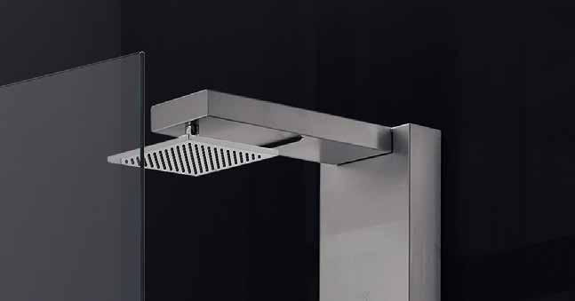 Directional whirlpool jets; Stainless steel arm with built-in waterfall; Rain-effect overhead shower square 200x200mm with 144 holes (20l/3bar); Rectangular hand shower with showerhead support and