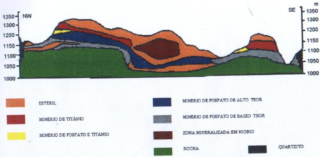 Figura 3 - Perfil esquemático das diferentes zonas mineralizadas da jazida de Tapira (CVRD Revista, 7, 23, 1986; apud Soubiès et al., 1991).