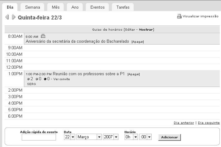 Figura 5. Visualizando os eventos do dia 22 de março no Yahoo! Agenda.