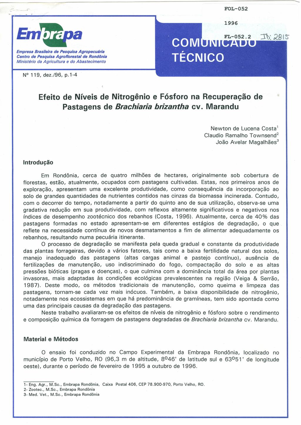 ----------------------------------------------------------------------------------------------- FOL-052 Empresa Brasileira de Pesquisa Agropecuária Centro de Pesquisa Agroflorestal de Rond6nia