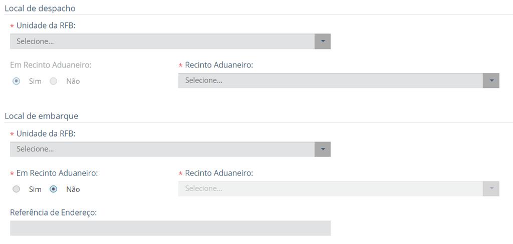 5. Moeda: o sistema disponibilizará lista das moedas para ser preenchida pelo usuário. 6. Local de Despacho 6.1.