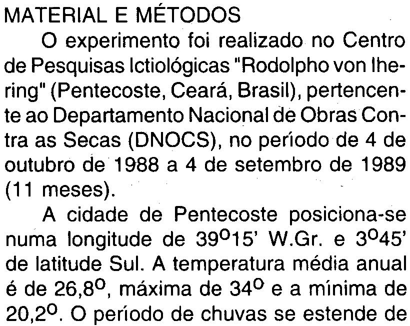 Alguns experimentos foram realizados com adubos orgânicos e alimentos suplementares para a piscicultura, tais como estercos de galinhas (SILVA10), de suínos (SILVA et alii9; LOVSHIN3; MELO et