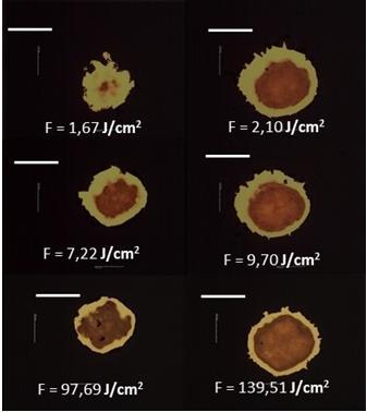Na Figura 14, são representadas as imagens das crateras produzidas durante a ablação laser. Neste caso, o filme fino de prata foi atingido por um único pulso por região com diferentes fluências.