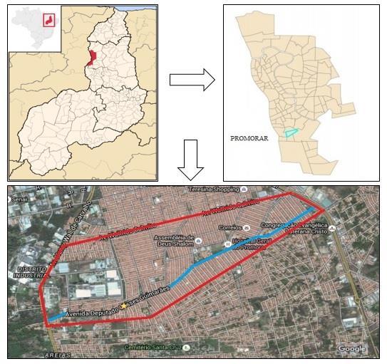 Fonte: Google Earth e Prefeitura de Teresina, adaptado pelos autores. Acessado em 04/12/14 Figura 1. Localização da área de estudo Figure 1.