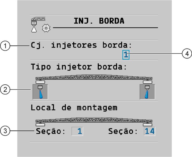 7 Configuração do controlador Bicos de borda 7.9 Bicos de borda Como bicos de borda definimos bicos que têm uma figura de pulverização diferente dos demais bicos da barra.