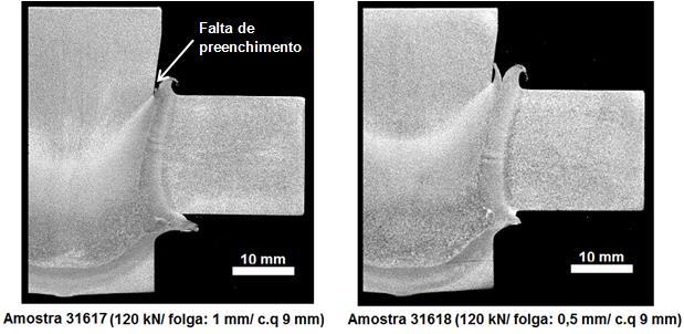 80 As macrografias referentes às amostras 31617 (120 kn, FN de 1,0 mm, FR de 4,80 mm e Cq de 9,0 mm ) e 31618 (120 kn, FN de 0,5 mm, FR de 3,50 mm e Cq de 9,0 mm ) descritos na Tab. 3.5, são apresentadas na Fig.