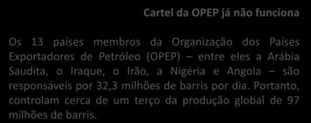 Cartel da OPEP já não funciona Os 13 países membros da Organização dos Países Exportadores de Petróleo (OPEP) entre eles a Arábia Saudita, o Iraque, o