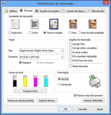 Para cancelar a impressão, clique em Cancelar. Para ver os trabalhos na fila de impressão, clique em Fila de Impressão. Para verificar o estado da tinta, clique em Verificar níveis de tinta.