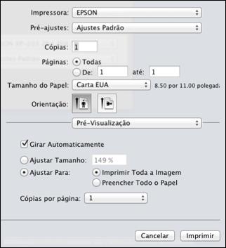 Observação: A janela de impressão pode ser diferente, dependendo da versão do Mac OS X e o aplicativo usado. 5. Selecione as configurações de Cópias e Páginas, conforme necessário.