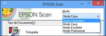 Como selecionar o Modo de Digitalização Selecione o modo do Epson Scan que deseja usar na caixa Modo, no canto superior direito da janela do EPSON Scan: Tema principal: Como selecionar as