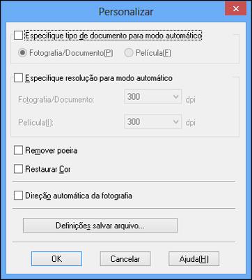 2. Para selecionar as opções de ajuste da imagem ou alterar as configurações do seu arquivo digitalizado, clique em Personalizar, selecione as configurações e clique em OK.