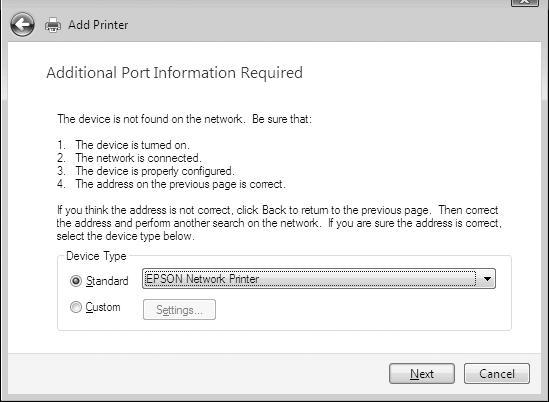 Selecione a opção Standard (Padrão) e, em seguida, faça clique em EPSON Network Printer. Faça clique em Next (Seguinte). 7.