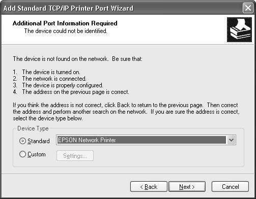 6. Se ocorrer um erro, é apresentada a caixa de diálogo que se segue. Selecione a opção Standard (Padrão) e, em seguida, faça clique em EPSON Network Printer. Faça clique em Next (Seguinte). 7.