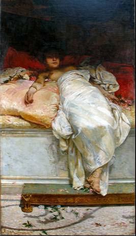 Figura 4.54. Messalina. Henrique Bernardelli, 1878/1886. Óleo sobre tela. 27 x 115 cm. Museu Nacional de Belas Artes. 4.6.5. Análise do quadro Elevação da Cruz em Porto Seguro de Pedro Peres Pedro José Pinto Peres nasceu em Lisboa (Portugal) em 185, mudando-se para o Brasil aos cinco anos de idade.