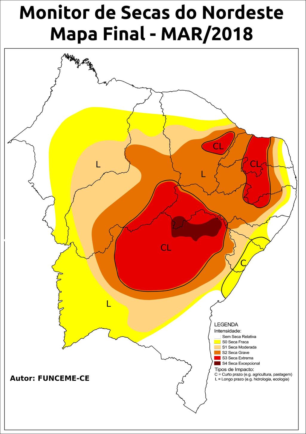 Em uma ampla área onde eram observadas secas grave (S2) e moderada (S1) até o mês de fevereiro, houve redução, e estas passaram a ficar com seca moderada (S1) e seca fraca (S0).