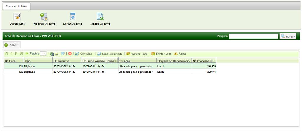 2.21 - Para visualizar a sistuação (status) da análise do recurso, clique em digitar lote. O sistema listará todos os lotes (recursos) analisados conforme situação abaixo.