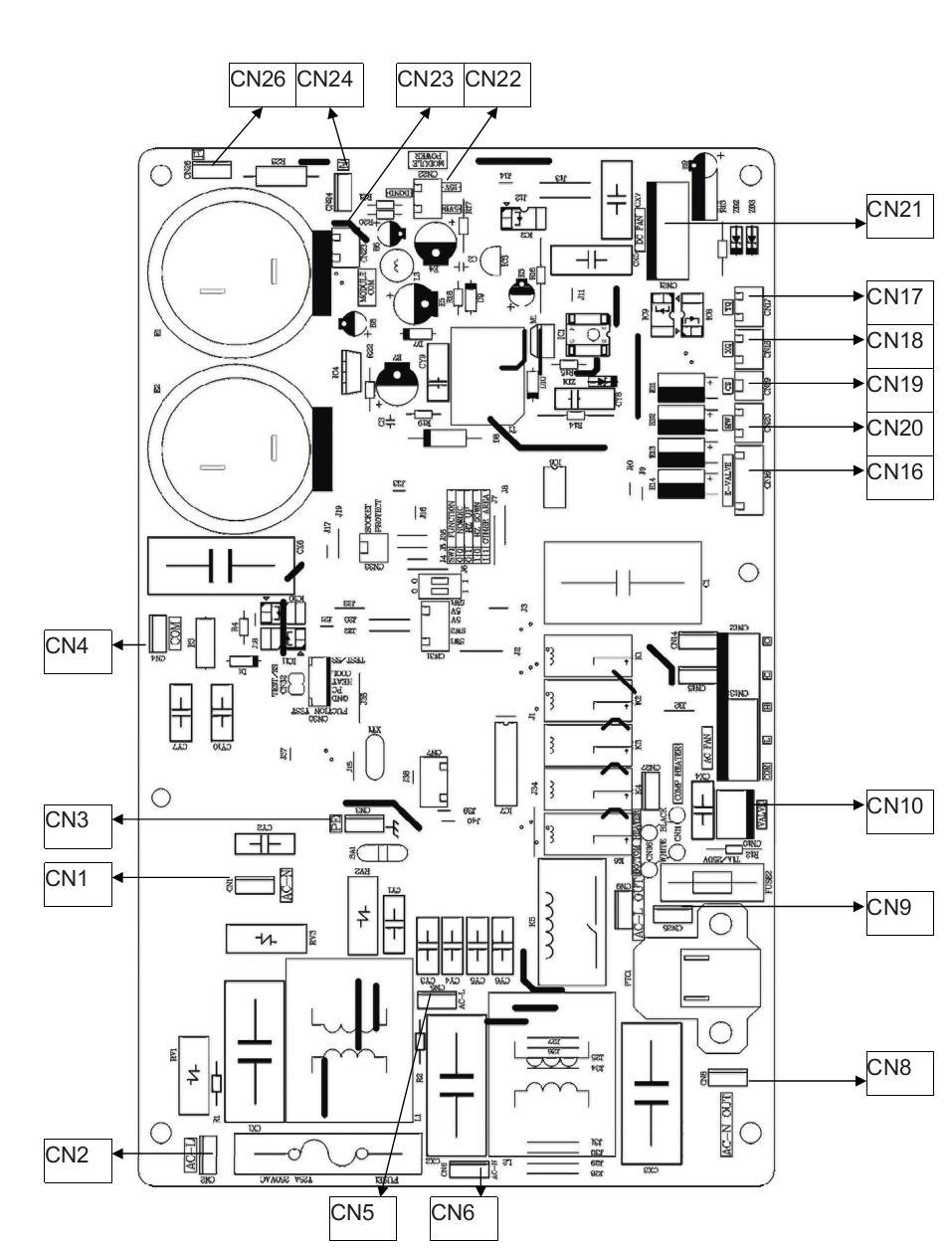 2.2.2. UNIDADE EXTERNA PCB PRINCIPAL CONECTOR DISPOSITIVO CONECTADO CN1 Borne elétrico (1) CN2 Borne elétrico (2) CN3 Aterramento CN4 Borne elétrico (3) CN8 CN9 da PCB módulo CN9 CN8 da PCB módulo