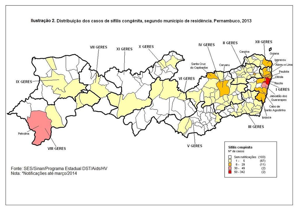 3 Figura 2: Distribuição dos casos de sífilis congênita, segundo município de residência. Pernambuco, 2013. Segundo o Sinan da Secretaria Estadual de Saúde de Pernambuco, no ano de 2012, 1.